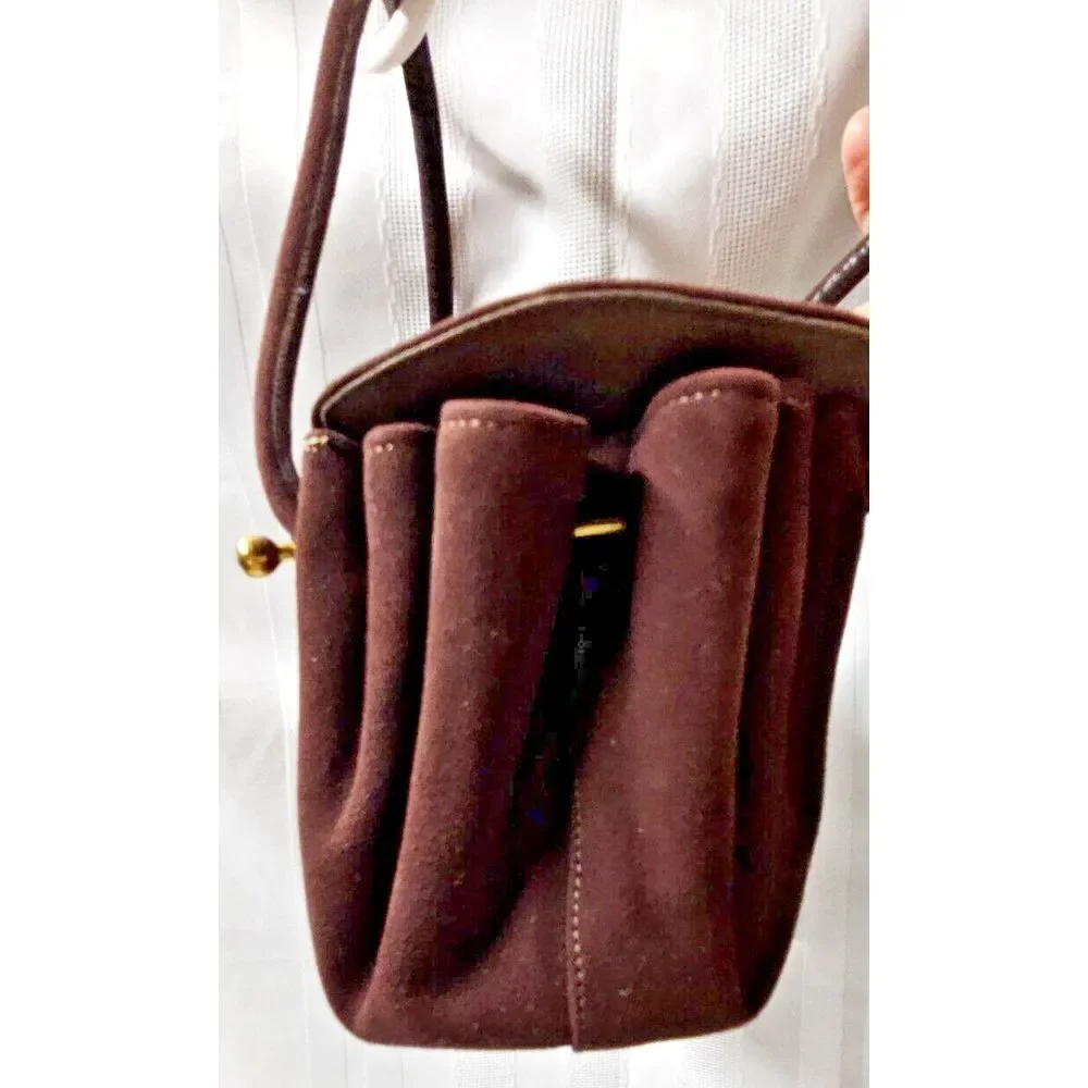 Vintage dark brown Square‎ basket Evening Bag Velvety Ultrasuede double handles